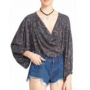 Free People Gray Cowling Around Printed Top